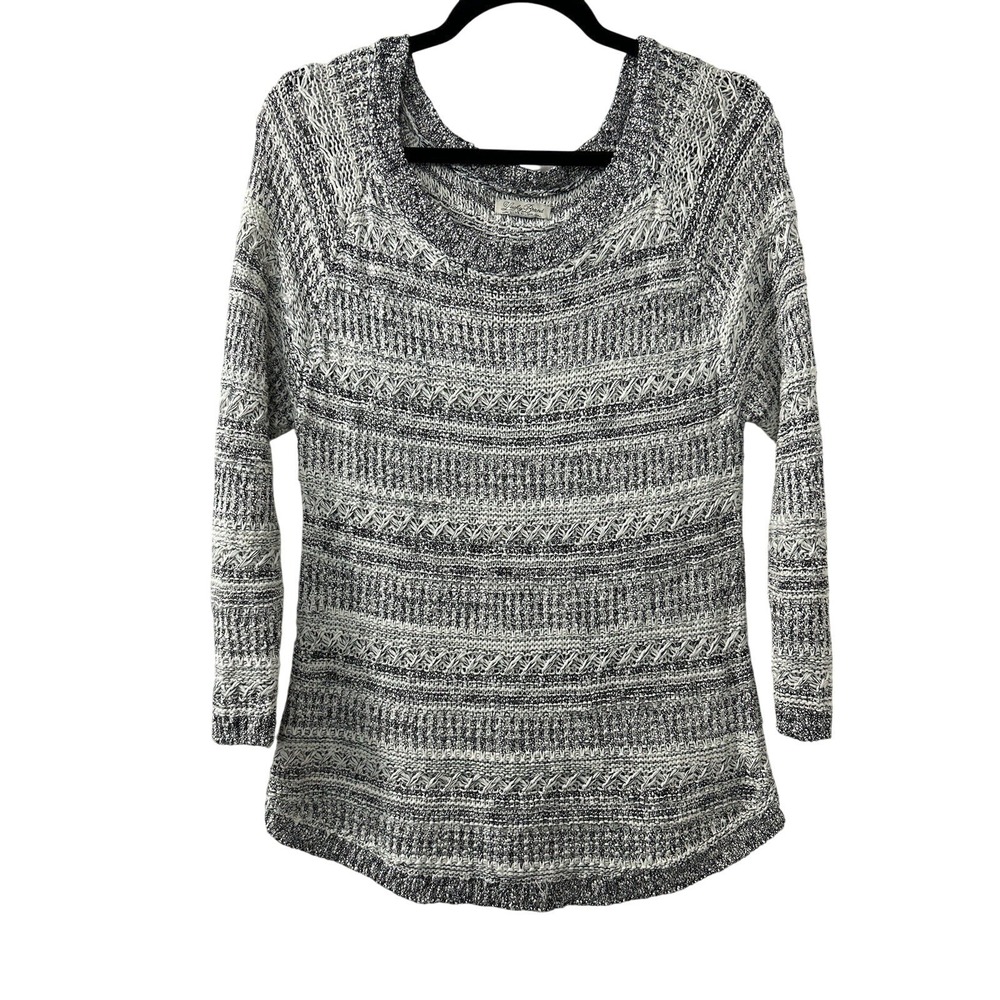 Lucky Brand Space Dye‎ Knit Sweater L Black White Scoop Neck Boho Cottagecore